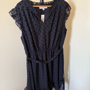 NWT: Loft Black Polka Dot Ruffle Dress, Size 16 Plus
